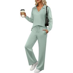 ANRABESS Women’s 2 Piece Outfits Lounge Sets Casual Long Sleeve Sweatsuits Polo Top Wide Leg Pants Fall Sweat Matching Sets(Pea Green)