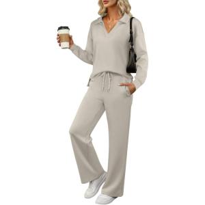 ANRABESS Women’s 2 Piece Outfits Lounge Sets Casual Long Sleeve Sweatsuits Polo Top Wide Leg Pants Fall Sweat Matching Sets(Peytoe)
