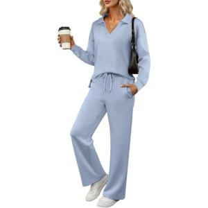 ANRABESS Women’s 2 Piece Outfits Lounge Sets Casual Long Sleeve Sweatsuits Polo Top Wide Leg Pants Fall Sweat Matching Sets(Sky Blue)
