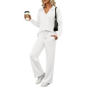 ANRABESS Women’s 2 Piece Outfits Lounge Sets Casual Long Sleeve Sweatsuits Polo Top Wide Leg Pants Fall Sweat Matching Sets(White)