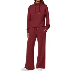 ANRABESS Womens 2 Piece Outfits Sweatsuit Set 2025 Fall Drawstring Sweatshirt Wide Leg Sweatpant Lounge Set Tracksuit(Burgundy)