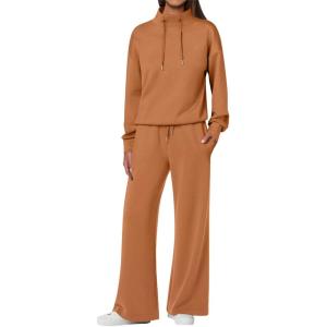 ANRABESS Womens 2 Piece Outfits Sweatsuit Set 2025 Fall Drawstring Sweatshirt Wide Leg Sweatpant Lounge Set Tracksuit(Caramel)