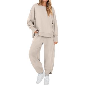 ANRABESS Womens 2 Piece Outfits Sweatsuits Oversized Sweatshirts Barrel Pants Matching Lounge Sets 2025 Fall Travel Clothes(Almond)
