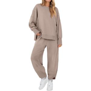 ANRABESS Womens 2 Piece Outfits Sweatsuits Oversized Sweatshirts Barrel Pants Matching Lounge Sets 2025 Fall Travel Clothes(Khaki)