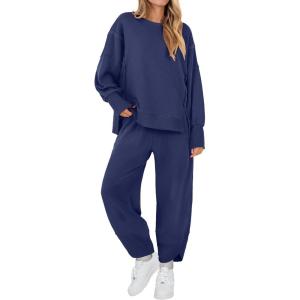 ANRABESS Womens 2 Piece Outfits Sweatsuits Oversized Sweatshirts Barrel Pants Matching Lounge Sets 2025 Fall Travel Clothes(Navy Blue)