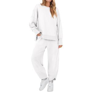 ANRABESS Womens 2 Piece Outfits Sweatsuits Oversized Sweatshirts Barrel Pants Matching Lounge Sets 2025 Fall Travel Clothes(White)