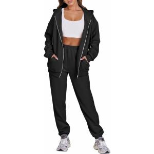 ANRABESS Womens 2 Piece Outfits Sweatsuits Oversized Zip Up Sweatshirt Jogger Sweatpants Tracksuit Sweat Lounge Matching Set(Black)