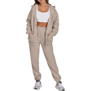 ANRABESS Womens 2 Piece Outfits Sweatsuits Oversized Zip Up Sweatshirt Jogger Sweatpants Tracksuit Sweat Lounge Matching Set(Khaki)