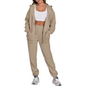 ANRABESS Womens 2 Piece Outfits Sweatsuits Oversized Zip Up Sweatshirt Jogger Sweatpants Tracksuit Sweat Lounge Matching Set(Light Khaki)