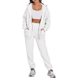 ANRABESS Womens 2 Piece Outfits Sweatsuits Oversized Zip Up Sweatshirt Jogger Sweatpants Tracksuit Sweat Lounge Matching Set(White)