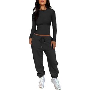 ANRABESS Womens 2 Piece Sweatsuits Long Sleeve Tight Shirt Tops Joggers Fleece Sweatpants Sets 2025 Fall Sweat Lounge Outfits(Black)