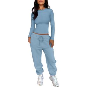 ANRABESS Womens 2 Piece Sweatsuits Long Sleeve Tight Shirt Tops Joggers Fleece Sweatpants Sets 2025 Fall Sweat Lounge Outfits(Gray Blue)