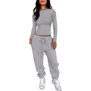 ANRABESS Womens 2 Piece Sweatsuits Long Sleeve Tight Shirt Tops Joggers Fleece Sweatpants Sets 2025 Fall Sweat Lounge Outfits(Grey)