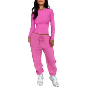 ANRABESS Womens 2 Piece Sweatsuits Long Sleeve Tight Shirt Tops Joggers Fleece Sweatpants Sets 2025 Fall Sweat Lounge Outfits(Hot Pink)
