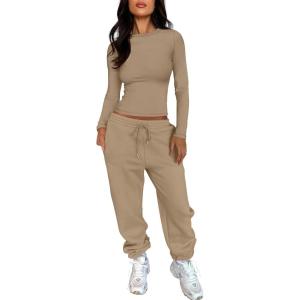 ANRABESS Womens 2 Piece Sweatsuits Long Sleeve Tight Shirt Tops Joggers Fleece Sweatpants Sets 2025 Fall Sweat Lounge Outfits(Khaki)