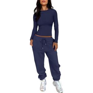 ANRABESS Womens 2 Piece Sweatsuits Long Sleeve Tight Shirt Tops Joggers Fleece Sweatpants Sets 2025 Fall Sweat Lounge Outfits(Navy Blue)