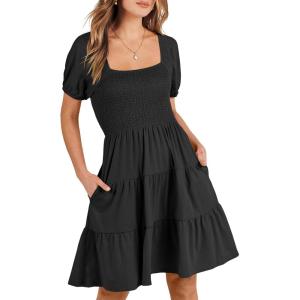 ANRABESS Womens 2025 Summer Casual Dress Square Neck Puff Sleeve Boho Beach Vacation Short Dress(Black)