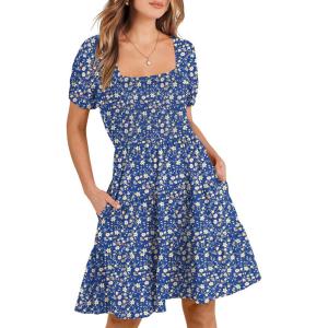 ANRABESS Womens 2025 Summer Casual Dress Square Neck Puff Sleeve Boho Beach Vacation Short Dress(Blue Floral)