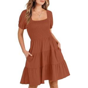 ANRABESS Womens 2025 Summer Casual Dress Square Neck Puff Sleeve Boho Beach Vacation Short Dress(Brown)