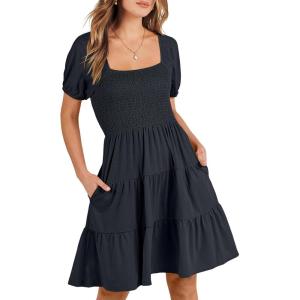ANRABESS Womens 2025 Summer Casual Dress Square Neck Puff Sleeve Boho Beach Vacation Short Dress(Dark Blue)
