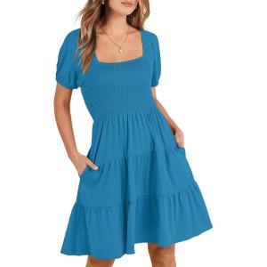 ANRABESS Womens 2025 Summer Casual Dress Square Neck Puff Sleeve Boho Beach Vacation Short Dress(Deep Sky Blue)