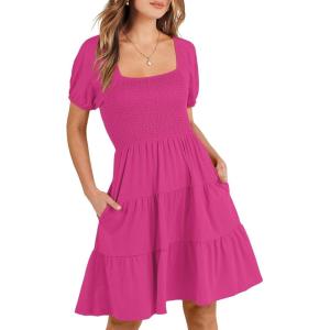 ANRABESS Womens 2025 Summer Casual Dress Square Neck Puff Sleeve Boho Beach Vacation Short Dress(Hot Pink)