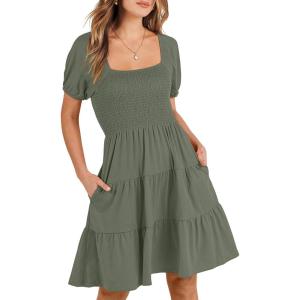 ANRABESS Womens 2025 Summer Casual Dress Square Neck Puff Sleeve Boho Beach Vacation Short Dress(Olive Green)