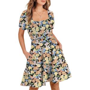 ANRABESS Womens 2025 Summer Casual Dress Square Neck Puff Sleeve Boho Beach Vacation Short Dress(Orange Floral)