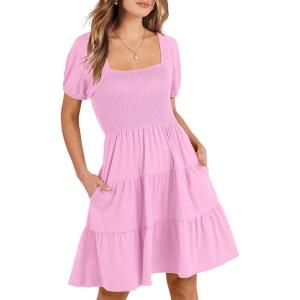 ANRABESS Womens 2025 Summer Casual Dress Square Neck Puff Sleeve Boho Beach Vacation Short Dress(Pink)