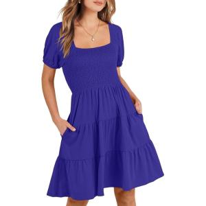 ANRABESS Womens 2025 Summer Casual Dress Square Neck Puff Sleeve Boho Beach Vacation Short Dress(Royal Blue)