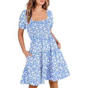 ANRABESS Womens 2025 Summer Casual Dress Square Neck Puff Sleeve Boho Beach Vacation Short Dress(Skyblue Floral)