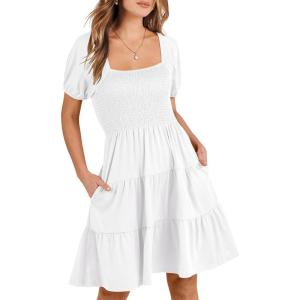 ANRABESS Womens 2025 Summer Casual Dress Square Neck Puff Sleeve Boho Beach Vacation Short Dress(White)