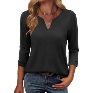 ANRABESS Womens 3/4 Length Sleeve Tops V Neck Basic Tee Shirts 2025 Spring Summer Dressy Casual Tunic Blouses Outfits(Black)