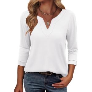 ANRABESS Womens 3/4 Length Sleeve Tops V Neck Basic Tee Shirts 2025 Spring Summer Dressy Casual Tunic Blouses Outfits(White)