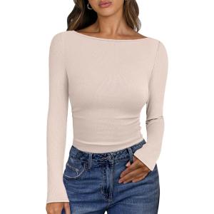 ANRABESS Women’s Boat Neck Long Sleeve Shirts Rib Knit Slim Fitting Tops Basic Tees 2025 Casual Comfy Fall Outfits Clothes(Beige)