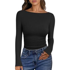 ANRABESS Women’s Boat Neck Long Sleeve Shirts Rib Knit Slim Fitting Tops Basic Tees 2025 Casual Comfy Fall Outfits Clothes(Black)