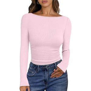 ANRABESS Women’s Boat Neck Long Sleeve Shirts Rib Knit Slim Fitting Tops Basic Tees 2025 Casual Comfy Fall Outfits Clothes(Bright Pink)