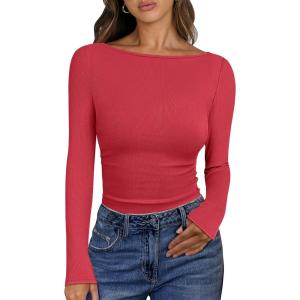 ANRABESS Women’s Boat Neck Long Sleeve Shirts Rib Knit Slim Fitting Tops Basic Tees 2025 Casual Comfy Fall Outfits Clothes(Bright Red)