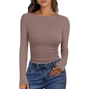 ANRABESS Women’s Boat Neck Long Sleeve Shirts Rib Knit Slim Fitting Tops Basic Tees 2025 Casual Comfy Fall Outfits Clothes(Brown)