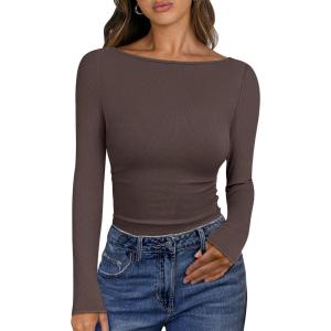 ANRABESS Women’s Boat Neck Long Sleeve Shirts Rib Knit Slim Fitting Tops Basic Tees 2025 Casual Comfy Fall Outfits Clothes(Brownbeige)