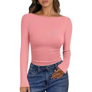 ANRABESS Women’s Boat Neck Long Sleeve Shirts Rib Knit Slim Fitting Tops Basic Tees 2025 Casual Comfy Fall Outfits Clothes(Coral Pink)