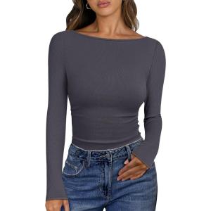 ANRABESS Women’s Boat Neck Long Sleeve Shirts Rib Knit Slim Fitting Tops Basic Tees 2025 Casual Comfy Fall Outfits Clothes(Deep Grey)