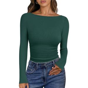 ANRABESS Women’s Boat Neck Long Sleeve Shirts Rib Knit Slim Fitting Tops Basic Tees 2025 Casual Comfy Fall Outfits Clothes(Forest Green)