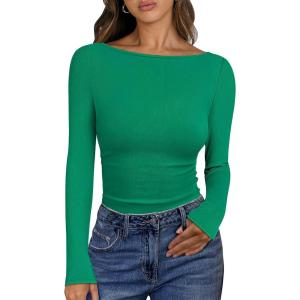 ANRABESS Women’s Boat Neck Long Sleeve Shirts Rib Knit Slim Fitting Tops Basic Tees 2025 Casual Comfy Fall Outfits Clothes(Green)