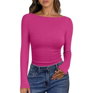 ANRABESS Women’s Boat Neck Long Sleeve Shirts Rib Knit Slim Fitting Tops Basic Tees 2025 Casual Comfy Fall Outfits Clothes(Hot Pink)