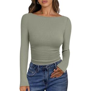 ANRABESS Women’s Boat Neck Long Sleeve Shirts Rib Knit Slim Fitting Tops Basic Tees 2025 Casual Comfy Fall Outfits Clothes(Saga Green)