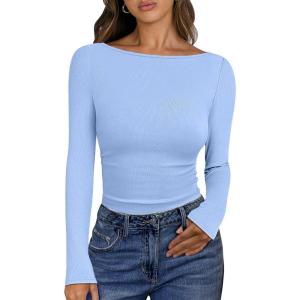 ANRABESS Women’s Boat Neck Long Sleeve Shirts Rib Knit Slim Fitting Tops Basic Tees 2025 Casual Comfy Fall Outfits Clothes(Sky Blue)