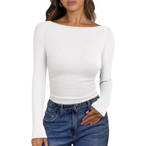 ANRABESS Women’s Boat Neck Long Sleeve Shirts Rib Knit Slim Fitting Tops Basic Tees 2025 Casual Comfy Fall Outfits Clothes(White)
