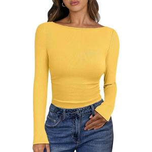 ANRABESS Women’s Boat Neck Long Sleeve Shirts Rib Knit Slim Fitting Tops Basic Tees 2025 Casual Comfy Fall Outfits Clothes(Yellow)