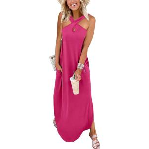 ANRABESS Women’s Casual Summer Maxi Dress Sexy Slit Side Sleeveless Loose Beach Long Sundress Vacation Outfits with Pockets(Hot Pink)